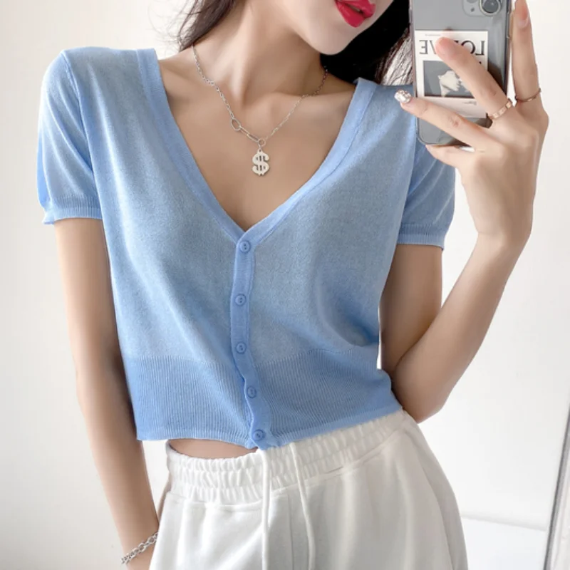 

Size M-4XL Summer Women V-Neck Knitted Casual Thin Sweaters Cardigans Lady Short Sleeve Knitting Outwear for Female