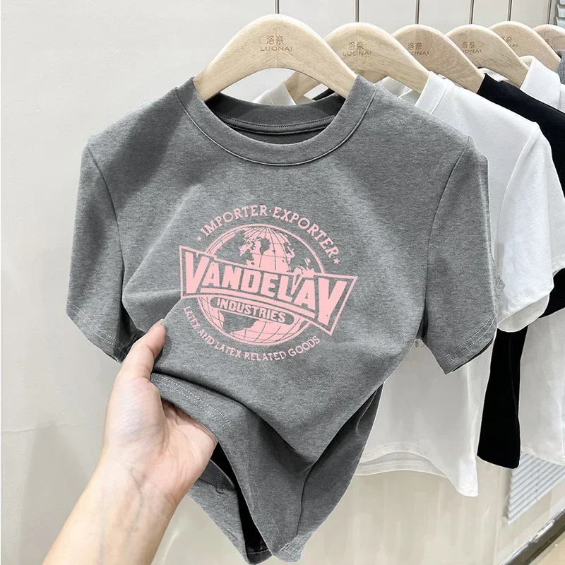 

2024 футболка с круглым вырезом, женская маленькая летняя блузка с коротким рукавом и принтом, новинка 2023, gray22