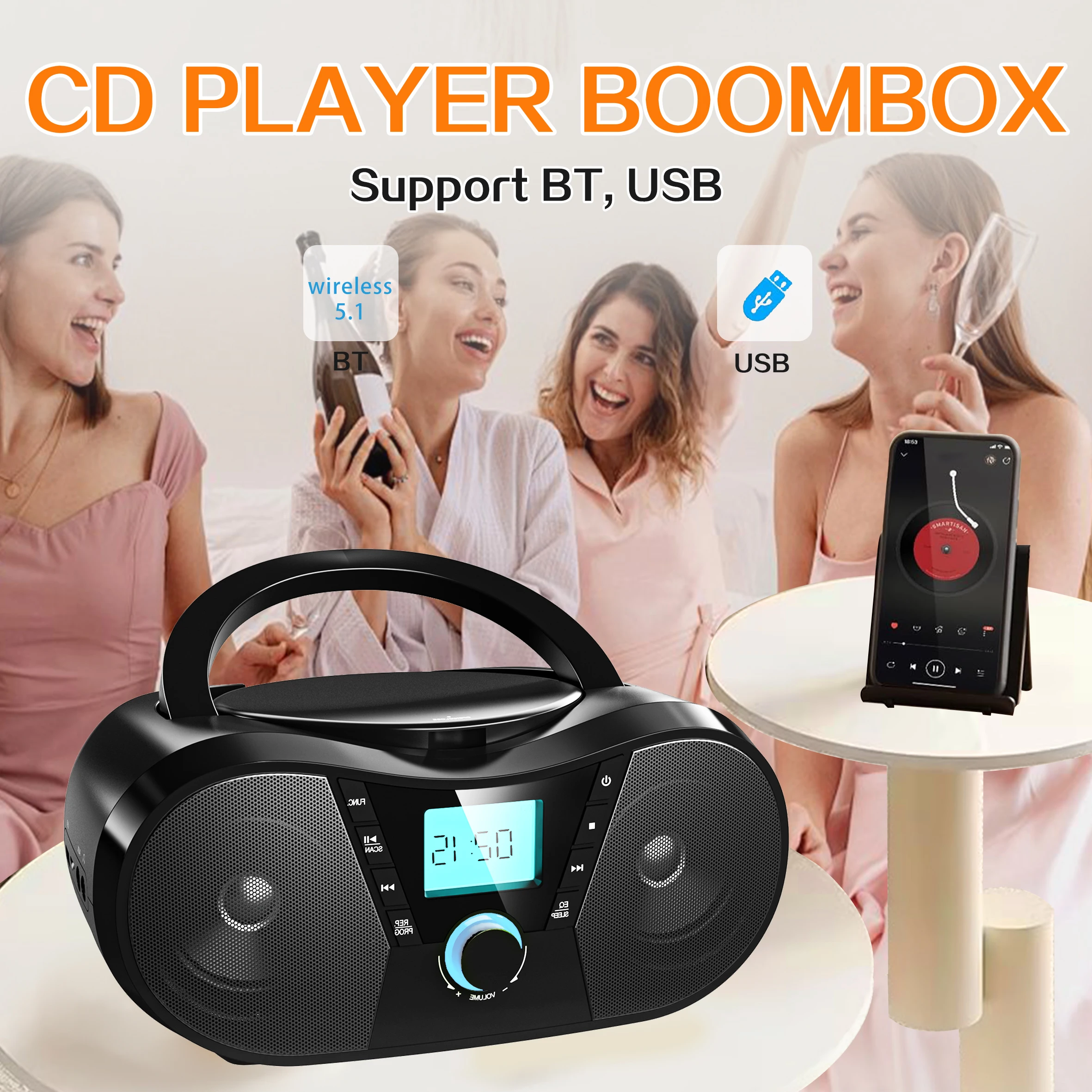 Multi-Functional CD player USB player Dual stereo speakers Remote control Bluetooth speakers FM Radio