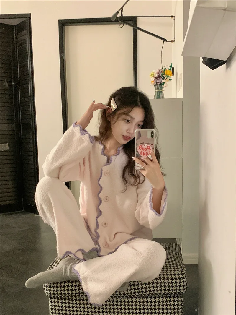 

Winter Coral Fleece Pajamas Women Cute Long Sleeves Homewear 2023 New Autumn Outerwear Internet Celebri Small Women Set