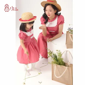 Vestito Boutique Madre-Figlia per Bambina di Un Anno, Abito Rosso Rosa Estivo Stile Pastorale Mori