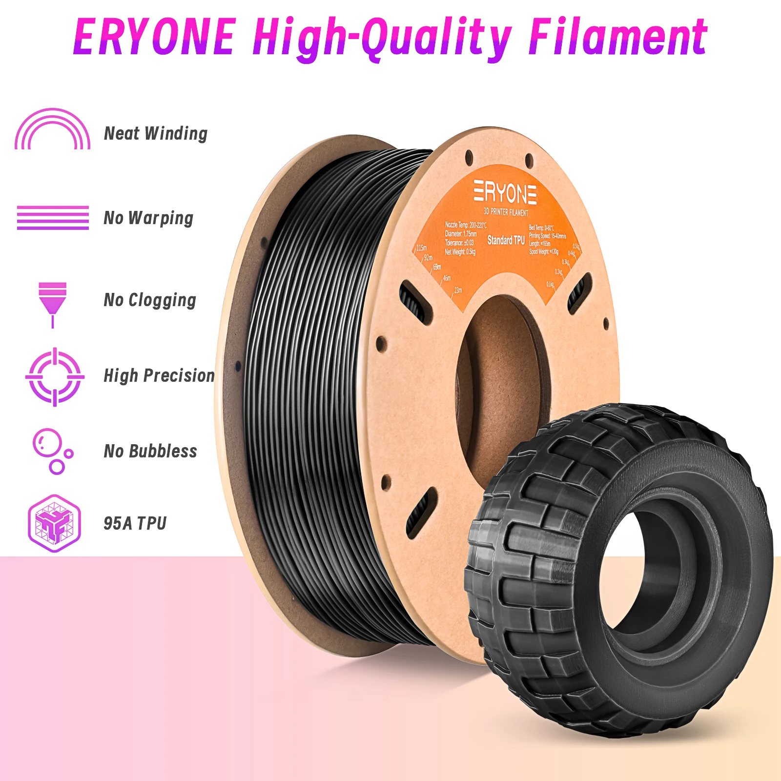 ERYONE TPU 95A 3D 프린터 필라멘트 1.75mm, 유연한 95A 소프트 고탄성 500g 스풀