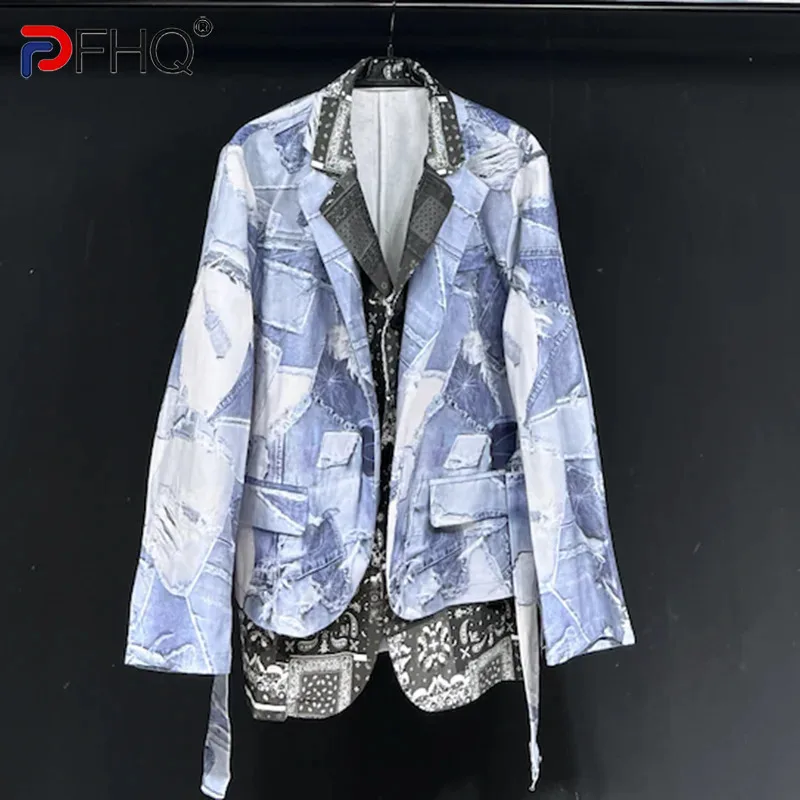 PFHQ Design Denim Printed Fake 2 Pieces Light Blue Casual Suit Loose Suit Autumn Contrast Color Male Blazer 21Z5938