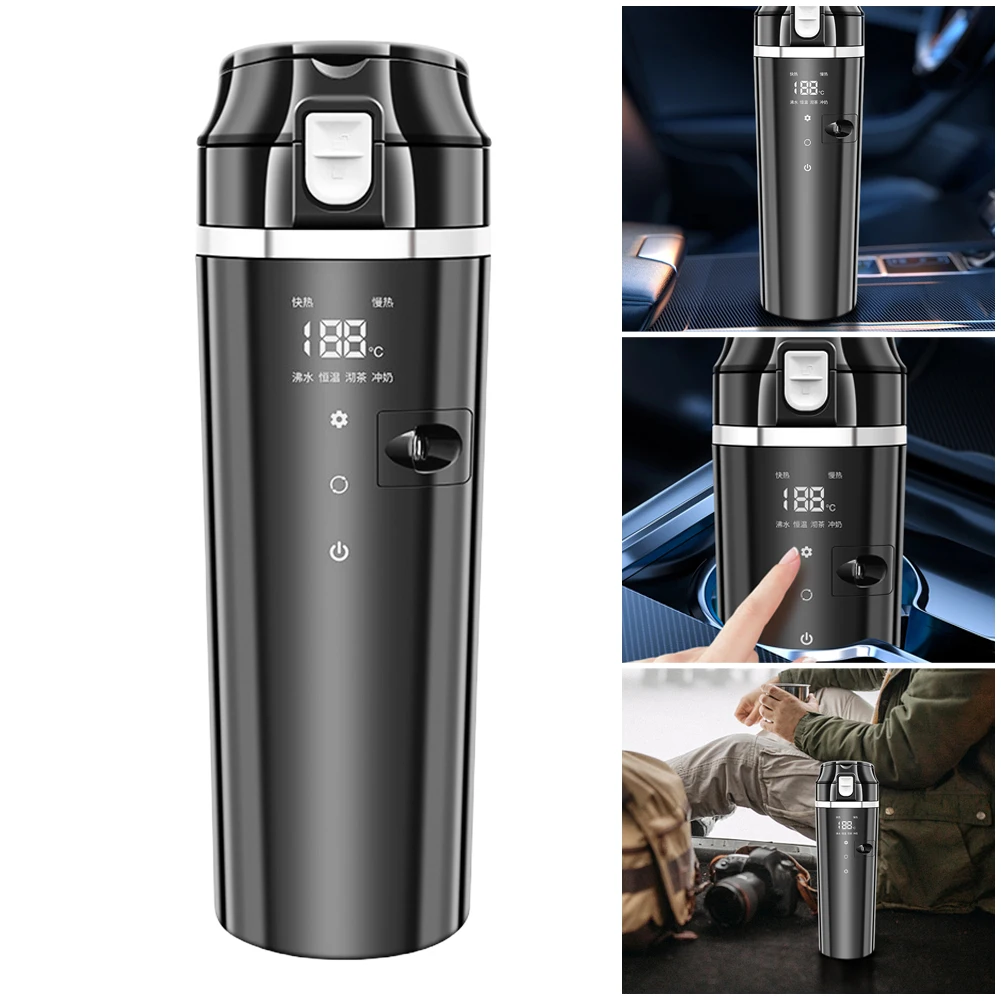 12V/24V 차량용 가열컵 디지털 LCD 디스플레이 커피/우유 가열 주전자 스테인리스 스틸 휴대용 차량용 가열컵 500ML 컵