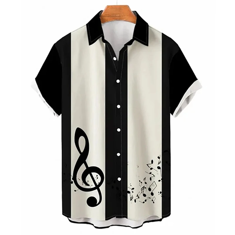 thumbnail image 1 of Camisa de verano para hombre 2024, camisetas hawaianas de manga corta con estampado de notas musicales para niños y niñas, camisetas de viaje para la playa, ropa informal con solapa, 1 of 5