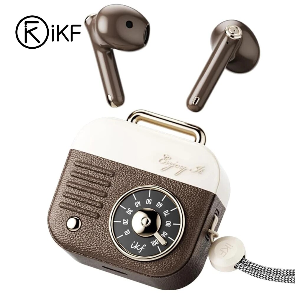IKF-Retro Air Wireless Bluetooth Headphones with 4 ENC Microphone HiFi Music Earbuds Game Headset IPX5 Waterproof 36h Playtime