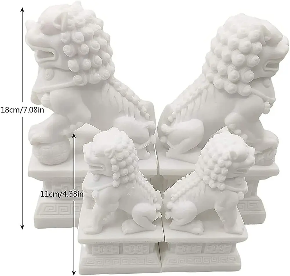 Pair of Peking Fu Foo Dogs Statues White Marble Jade Feng Shui Decor 11Cm/4.3In 5