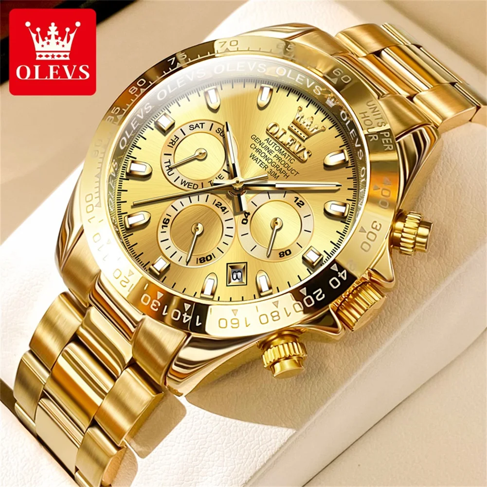 

OLEVS Original Automatic Mechanical Watches for Men Golden Stainless Steel Men's Watches Luminous Date Week Business Wrist Watch