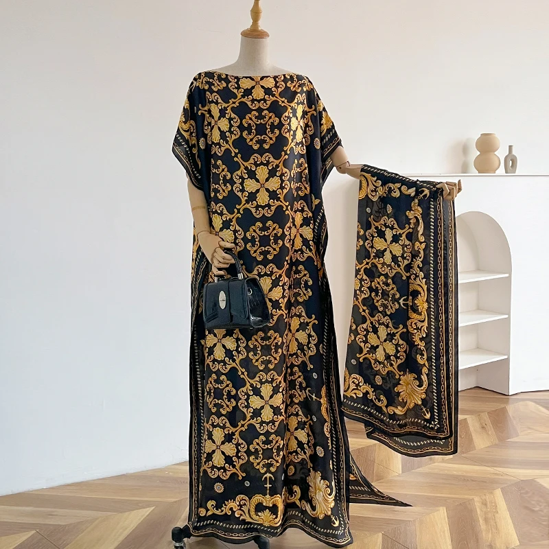 New 2025 Dubai Abaya For Women Summer Short Sleeve Cotton Dress Gold Stamping Loose Lady Maxi Islam African Dress With Big Scarf