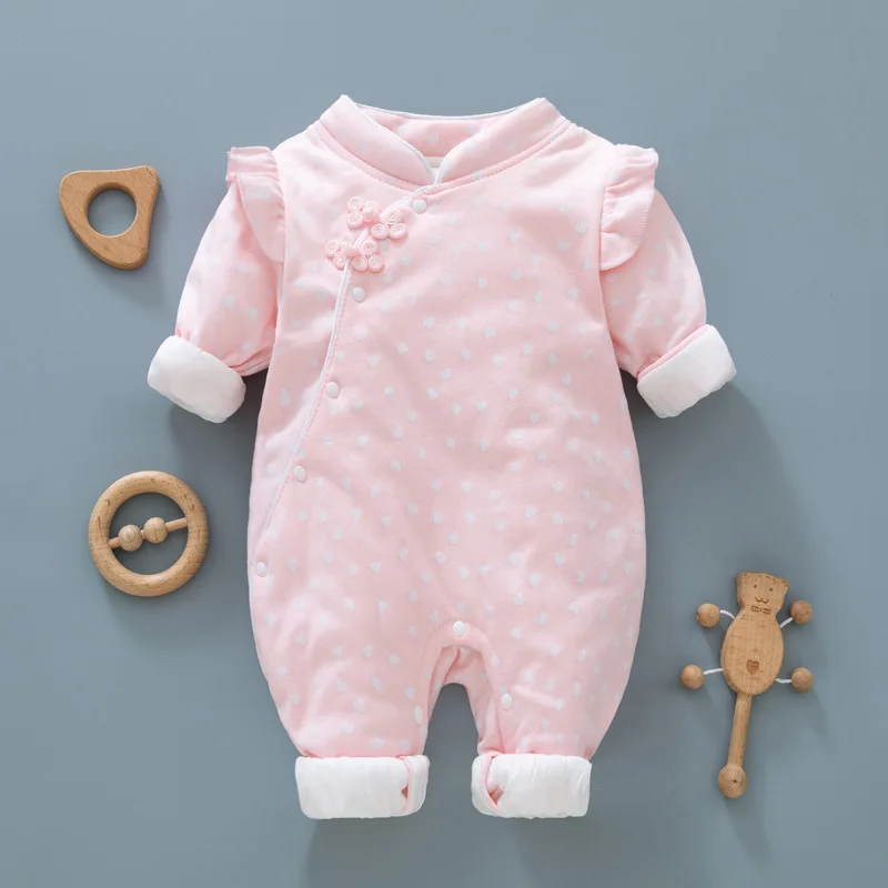 

Baby GIrl Clothes New Born 2022 New Autumn Winter Romper For Kid Girl Chinese Style Long Sleeve Thin-Cotton Heart Ptint Jumpsuit