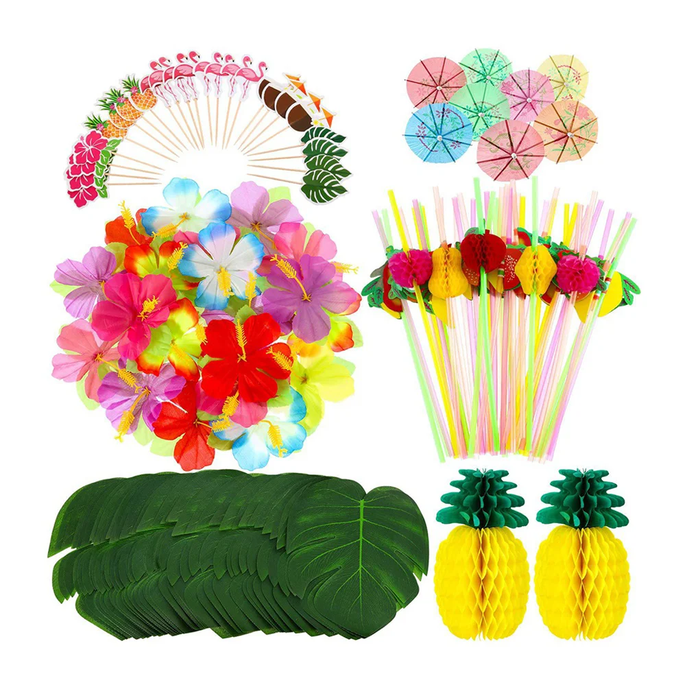 

172 Pcs Summer Hawaii Themed Table Supplies Cake Topper Drinking Straw Set Children's Birthday Party Table Kit