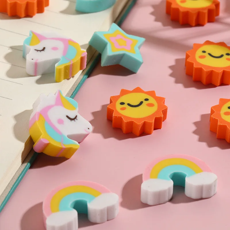 10Pcs/Lot Kawaii Unicorn Rainbow Eraser Cute Cartoon Cloud Star Moon Sun Pencil Rubber Erasers for Kids School Office Stationery pencil eraser