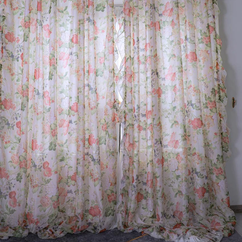 Flores pastorales de cortinas velos de tul para dormitorio, cortinas de gasa translúcida de encaje con volantes románticos para ventana, sala de estar y balcón