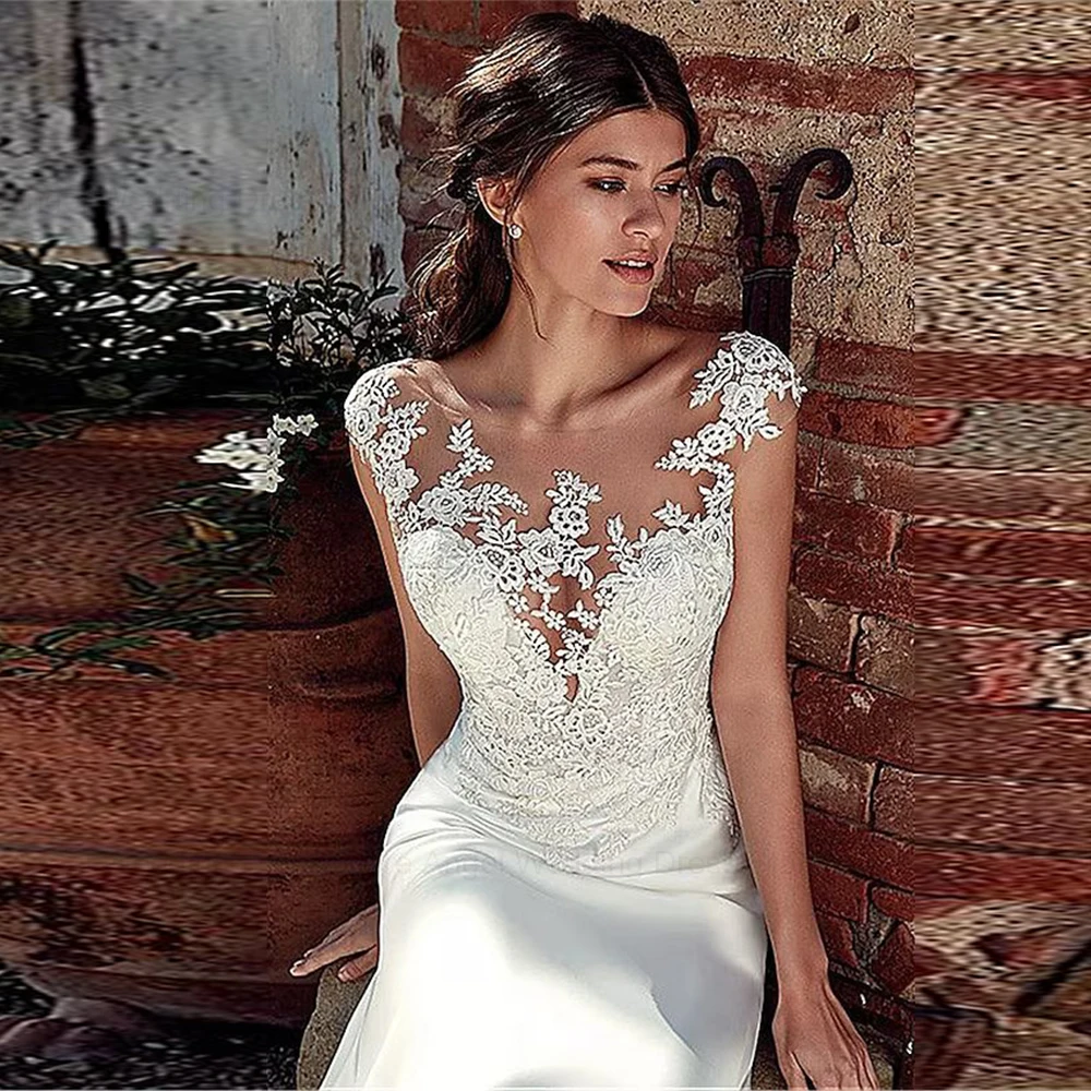 ANGEL Civil Mermaid Wedding Dresses Lace Scoop Neck Vestido Noiva Boho Soft Satin White Bridal Gowns Illusion Appliques Back 3