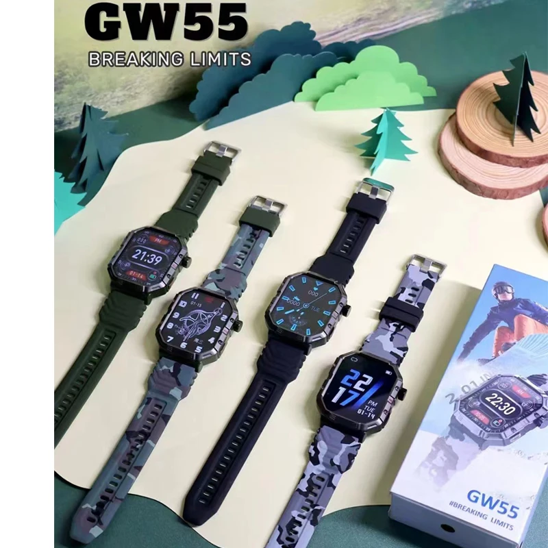  GW55 야외 스포츠 트리플 디펜스 스마트워치, 3ATM 수영, IP68 방수 나침반, 블루투스 통화 암호 스마트 워치