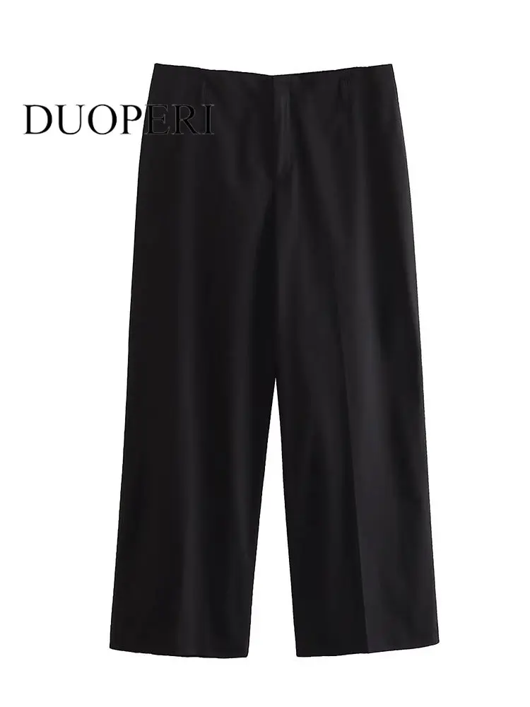 

DUOPERI Women Fashion Black Solid Front Zipper Straight Pants Vintage Mid Waist Female Chic Lady Trousers