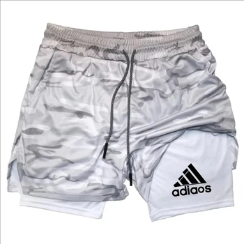 2-in-1 running shorts, suitable for men's fitness leggings, with phone pocket and simple letter print for summer sports pants 5