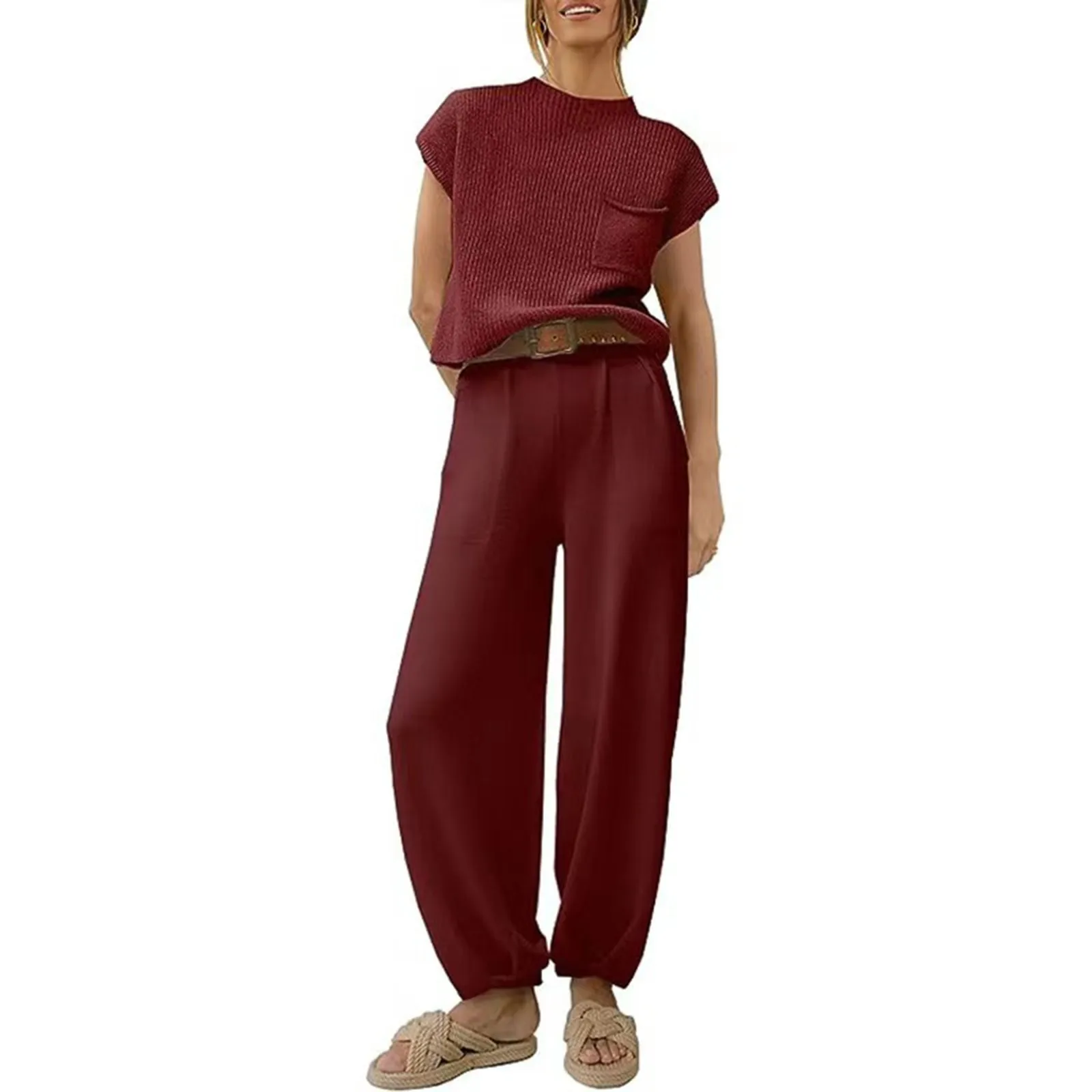 Sports Suit Women Solid Color Pocket Sleeveless Leggings Two Pieces