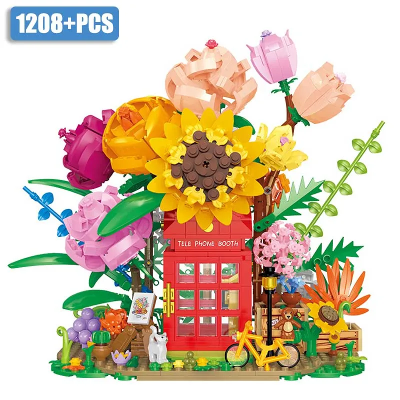 thumbnail image 1 of Bloques de construcción de tamaño mini para niños, modelo de cabina telefónica con flores, decoración artesanal, ramo de flores, juguetes de ladrillos, 1208 piezas, 1 of 4