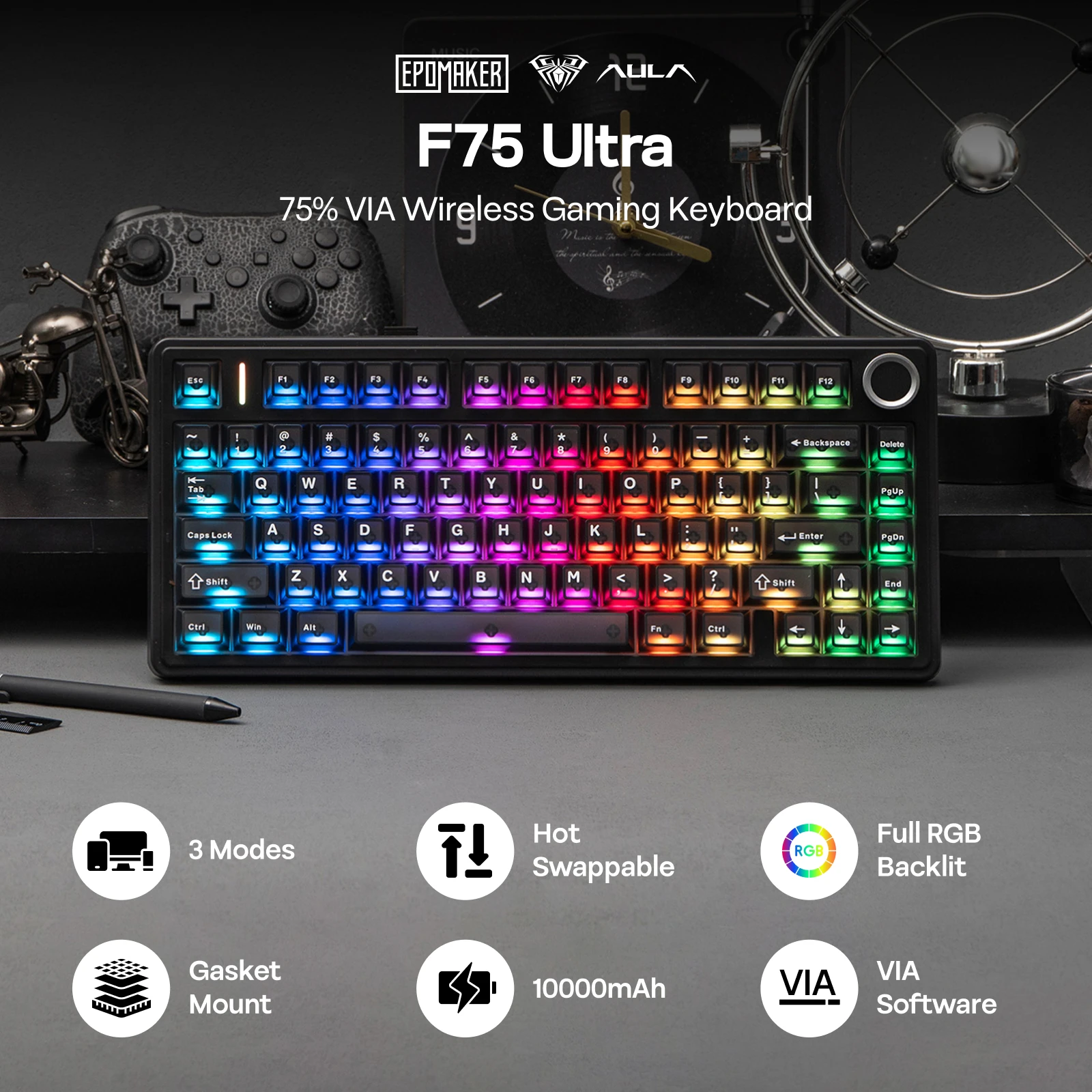 EPOMAKER x AULA F75 Ultra VIA 프로그래밍 가능 75% ANSI US QWERTY 레이아웃 가스켓 유선/블루투스/2.4Ghz 무선 기계식 키보드