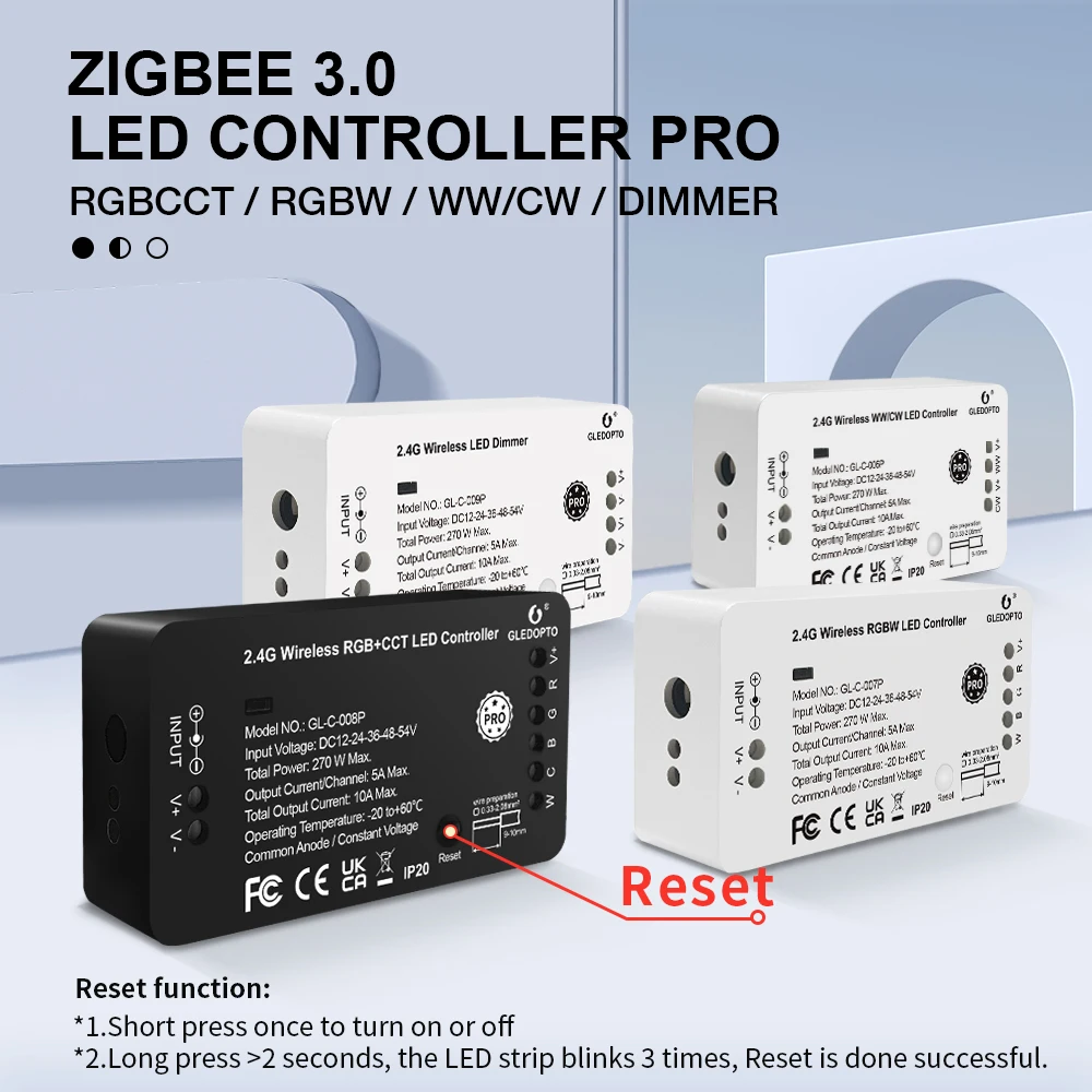 

GLEDOPTO Zigbee 3.0 LED Strip Controller Reset Key CCT DIM RGBW RGB+CCT Pro Tuya Smart Life App Voice RF Remote Switch Control