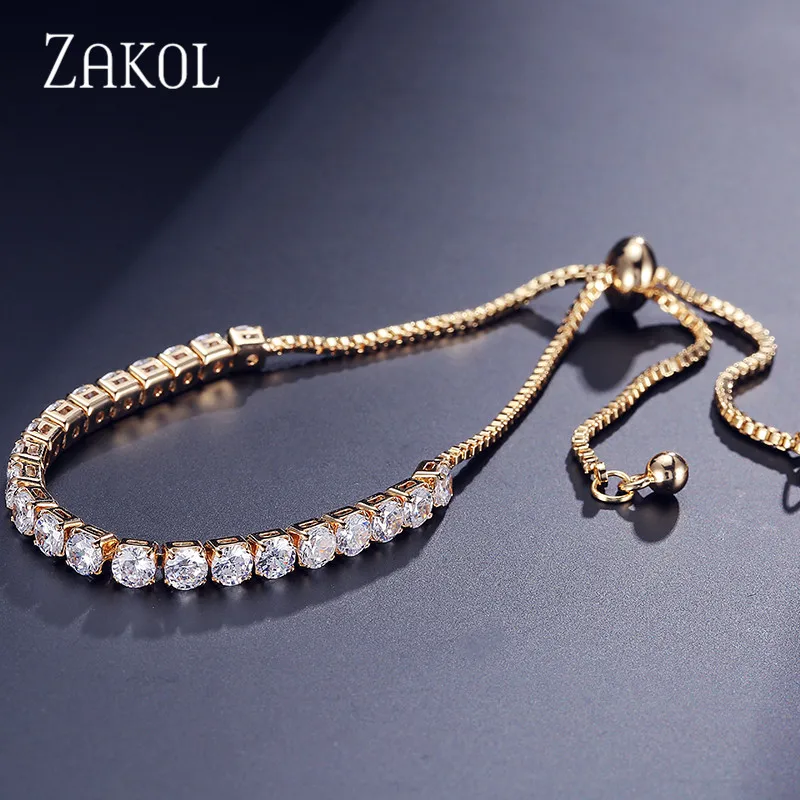 ZAKOL Fashion Cubic Zirconia Tennis Adjustable Bangle Bracelet for Women White Round Cut Cz Crystal Wedding Jewelry