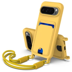 Lanyard Rope Silicone Phone Case with Card Holder and Fall Prevention Cover - Pixel 9 9Pro (Yellow)