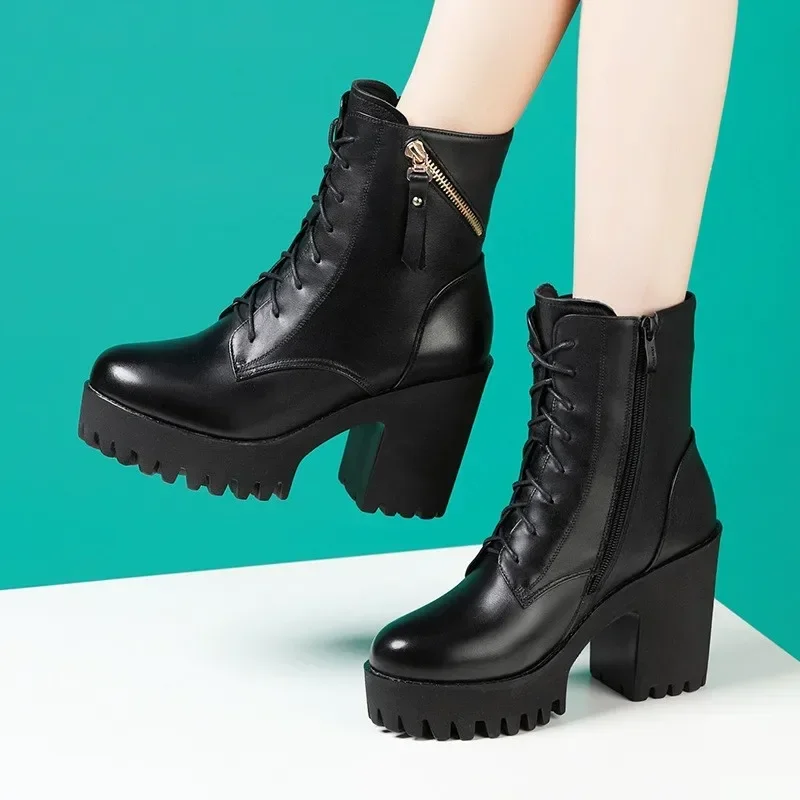 8 10cm Small Size 32-43 British Genuine Leather Shoes Women's Motorcycle Boots 2024 Fall Winter Block High Heels Ankle Boots