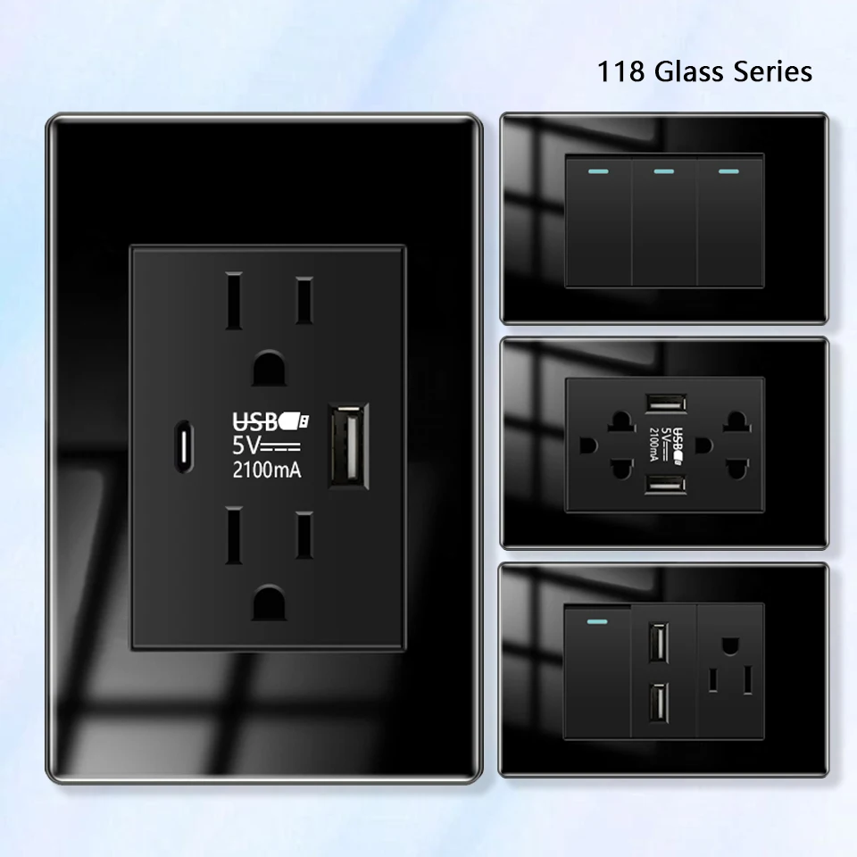 Americano Tipo-c Carga Rápida Tomada de Parede 14gang 2way Interruptor Elétrico Luz México Thai Vidro Temperado Tomada Usb