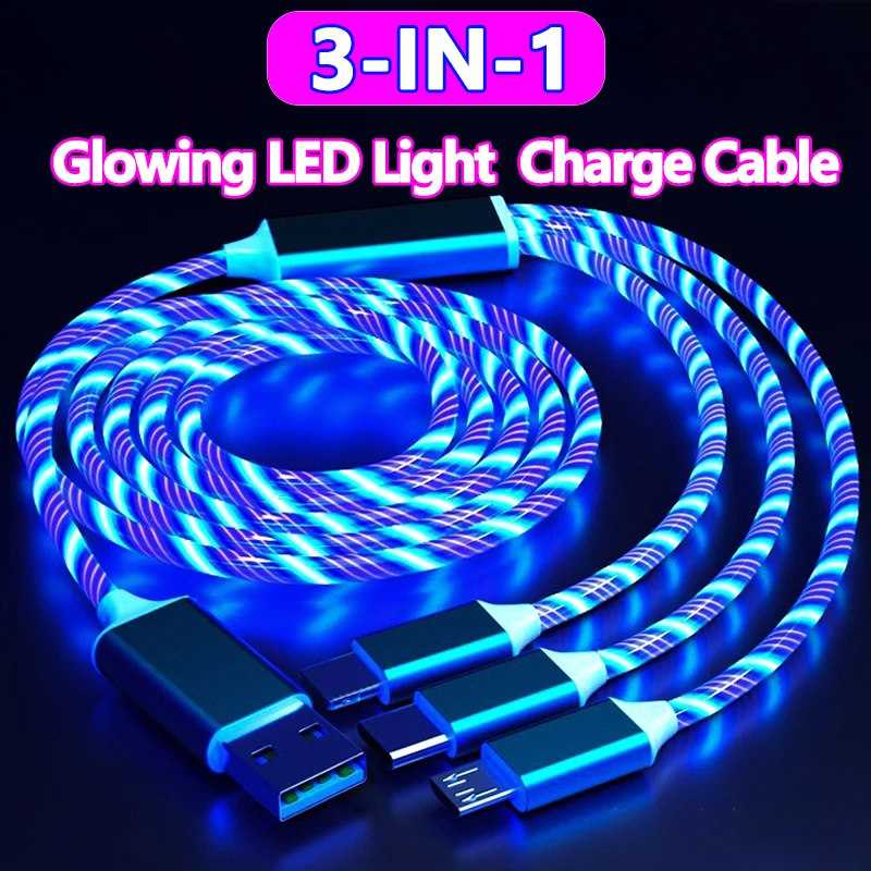 3IN1GlowingLEDLightPhoneChargerLuminousUSBTypeCCableFor