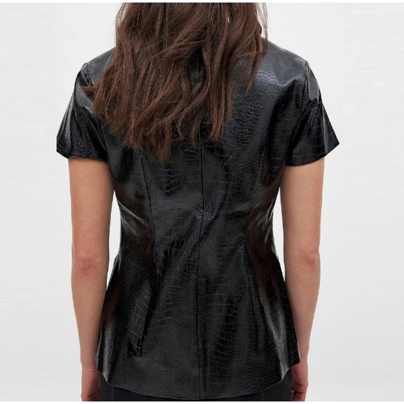 Vintage PU Leather O-neck Shirts Women Casual Loose Solid Short Sleeve Single Breasted Shirt Female Spring Chic High Street Tops