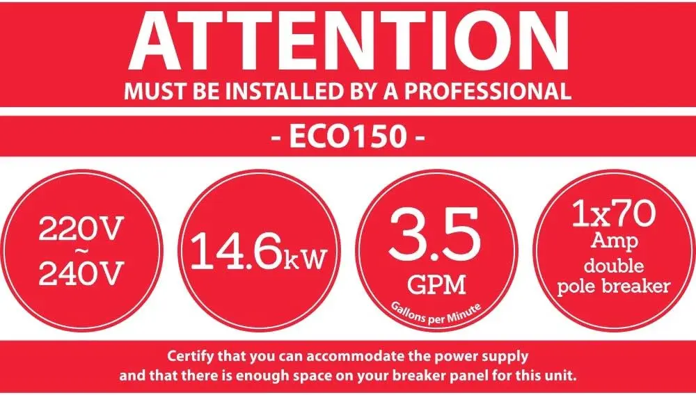 ECO150 Electric Tankless Water Heater 14.5kW 240V Smart Technology Unlimited On-Demand Hot Water Heater