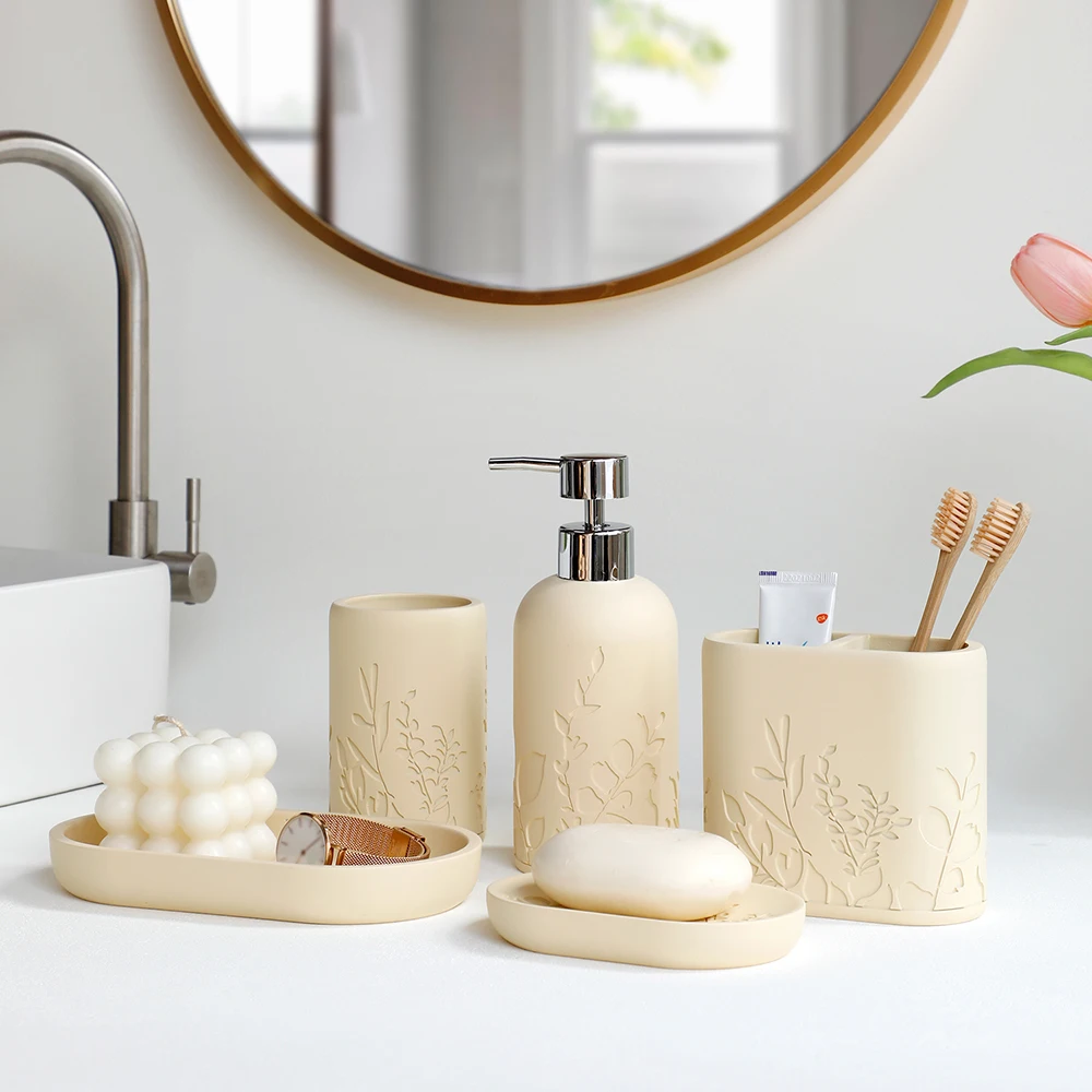 Bathroom 5-piece soap dispenser mouthwash cup toothbrush holder soap tray bottle body carved pattern