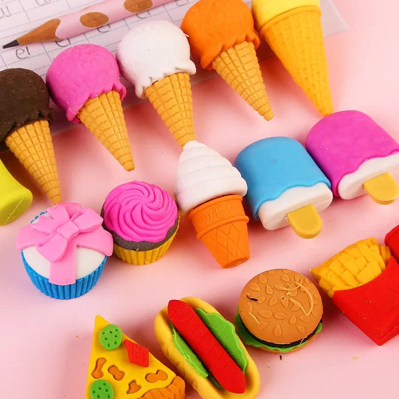 1 세트 Kawaii 크리 에이 티브 음식 케이크 지우개 크리스마스 어린이 선물 아이스크림 햄버거 롤리팝 분리형 고무 지우개 편지지