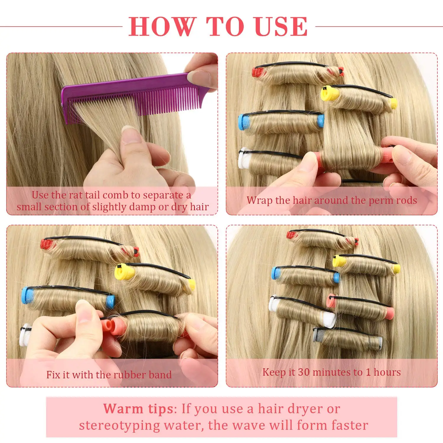 72 Pieces Hair Curling Tools Hair Perm Rods Set Short Plastic Perming Rod Cold Wave Rods 6 Sizes With 1 Piece Steel Comb
