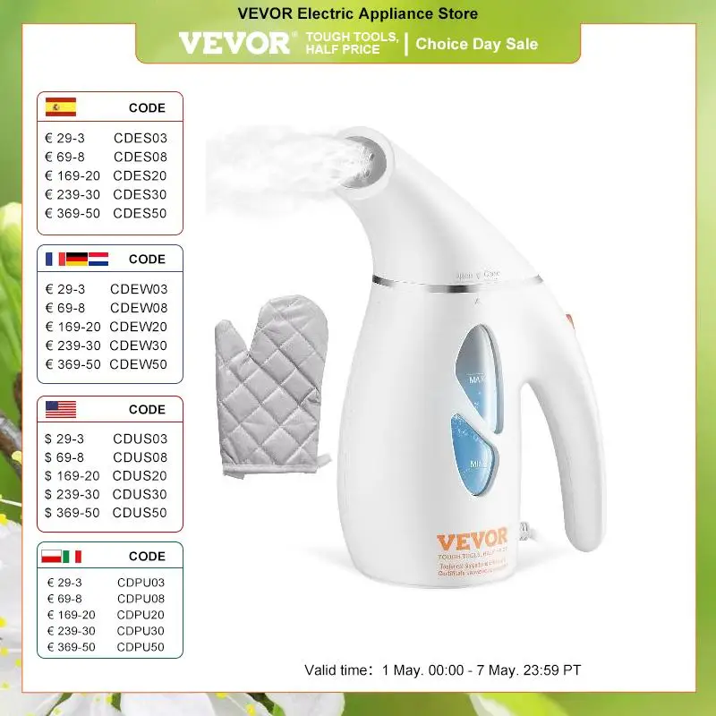 

VEVOR Portable Handheld Fabric Steamer 900W Quick Heat Steamer for Clothes Wrinkle Remover Clothing Iron Garment Steam Cleaner