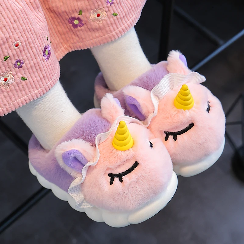 Kids Slippers New Winter Kids Plush Slippers Cartoon Unicorn Children's Indoor Slides Non-Slip Soft Mule Girls Boys Warm House Cotton Shoes