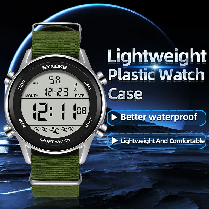 Synoke Men Outdoor Sports Multifunctional Waterproof Large Screen Display Luminous LED Digital For Men Nylon Strap Watch 3