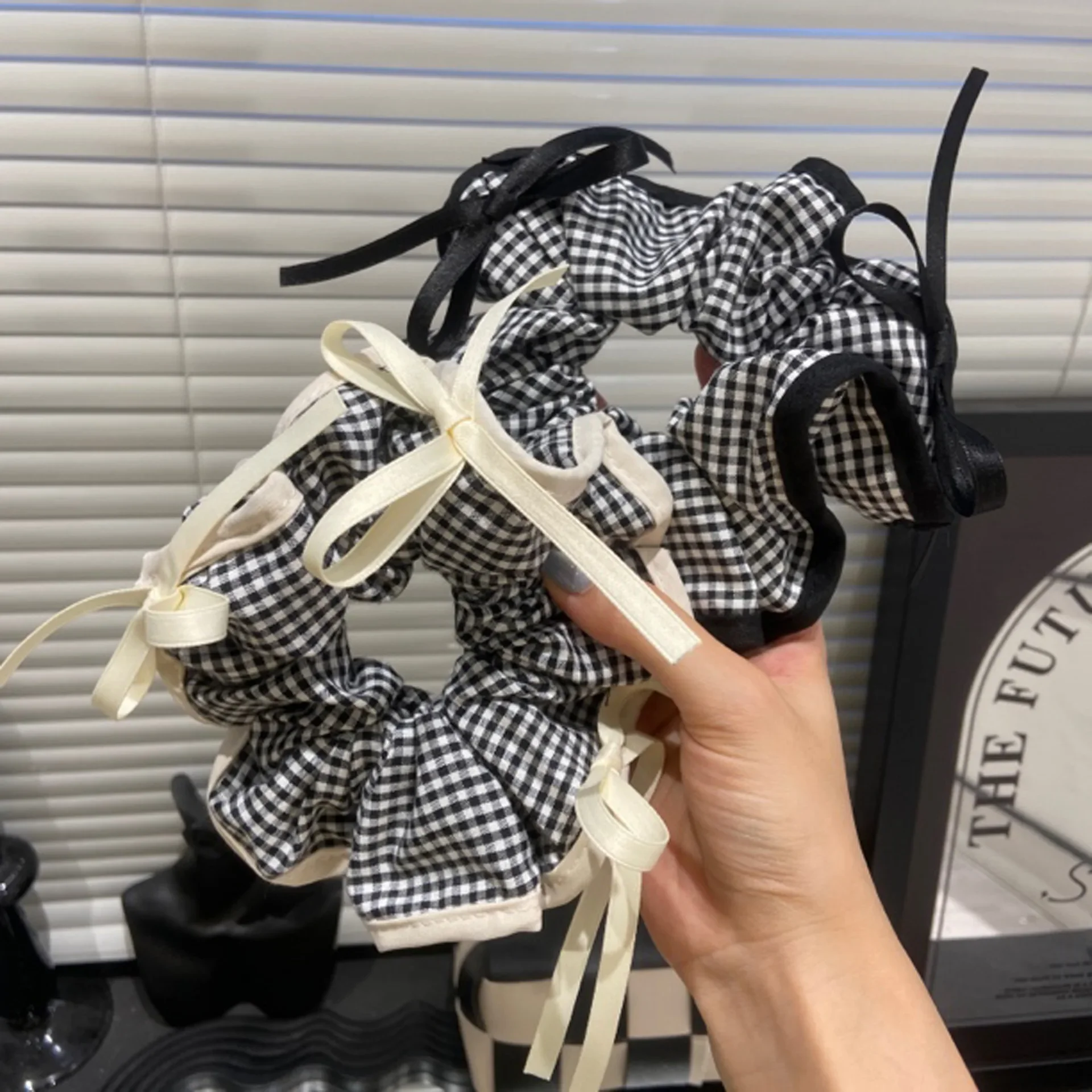 Elegant Black and White Plaid Scrunchie Hair Accessory