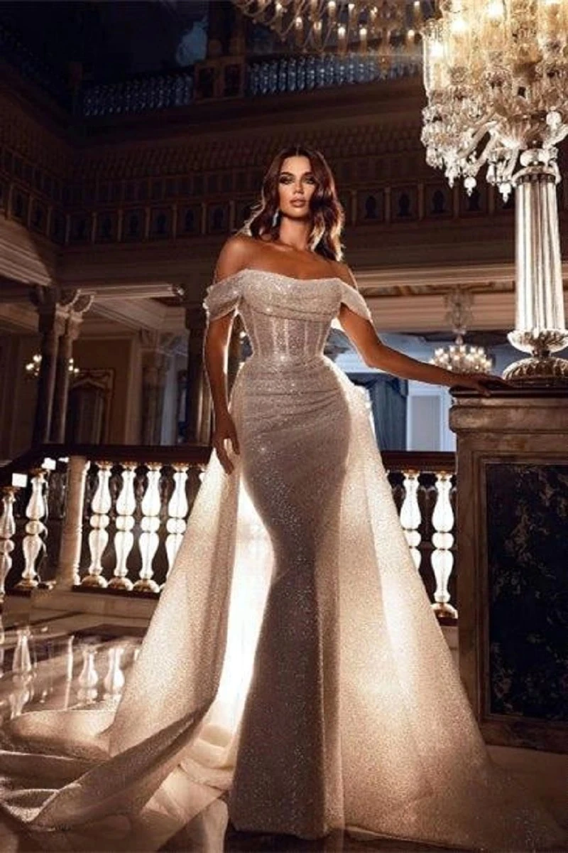 Luxurious Sexy Mermaid Off Shoulder Shiny Mopping Wedding Dresses Beautiful Beach Bride Dresses Backless Custom Made New 2023