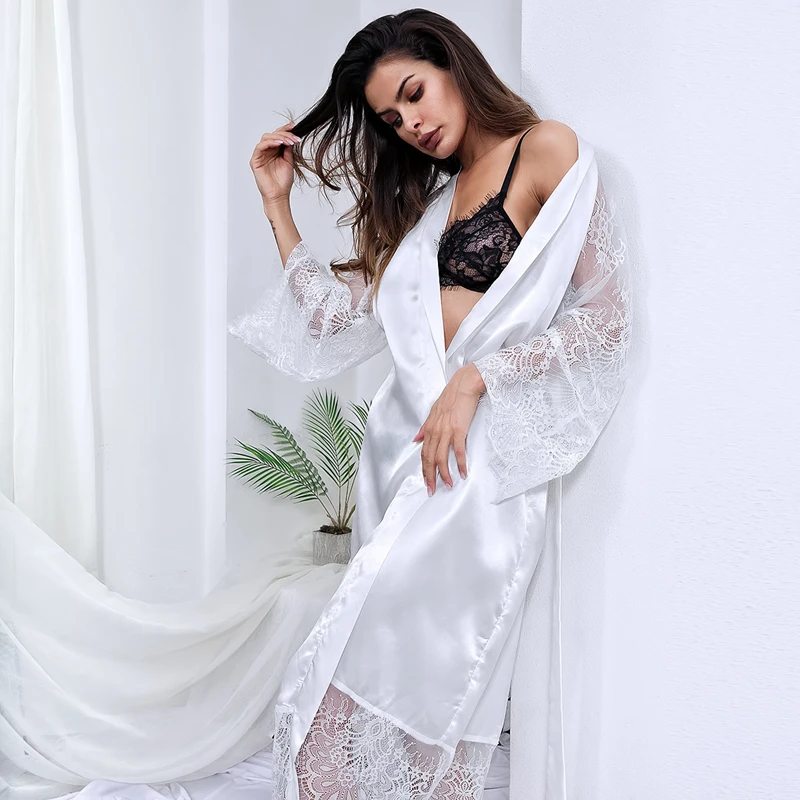 Women Sleepwear Bride Robes Sexy Wedding Dressing Gown Women Long Satin Lace Silk Kimono Bathrobe Bridesmaid Nightwear See Through