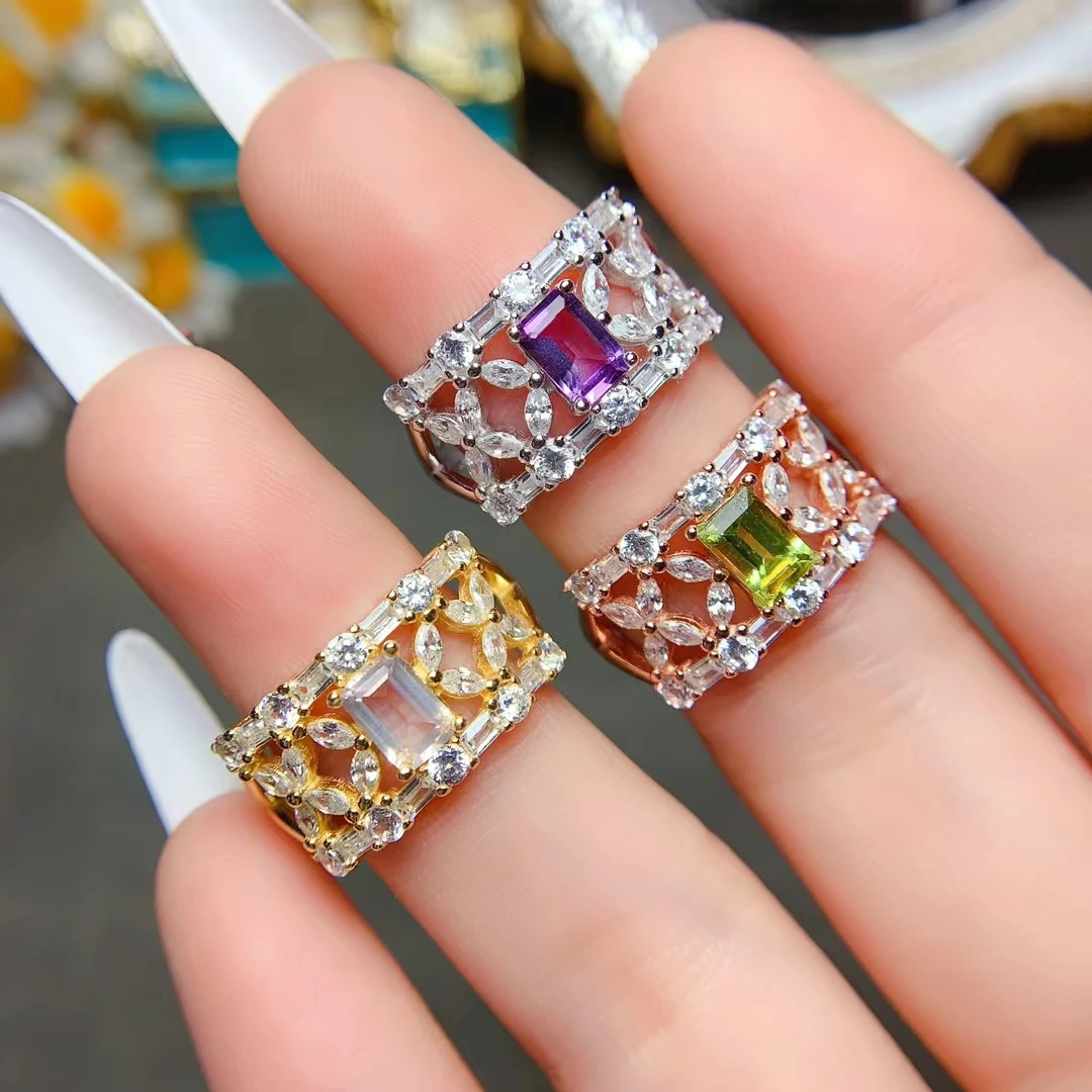 

Dazzling 925 Silver Gemstone Ring for Party 4mm*6mm VVS Grade Amethyst Peridot Rose Quartz Ring with Gold Plated