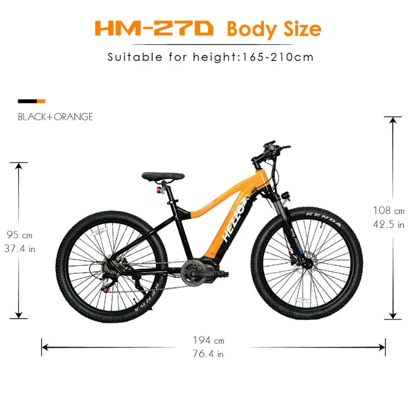 HEZZO Electric Bike HM-27D 48V 500W Mid Drive 27.5Inch Ebike Mountain 15Ah Fork E-bike 7 Speed Moped Hybrid Unisex Emtb