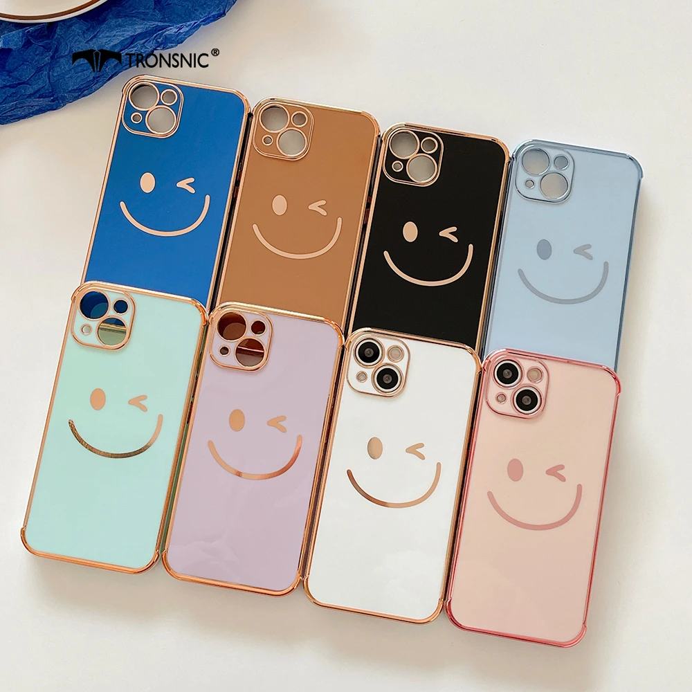 Placcatura Smile Face Custodia Protettiva Per Telefono Per Iphone 13 12 11 Pro Max Xs Max Xr 7 8 Plus Cartoon Soft Gold Cute Cover Capa