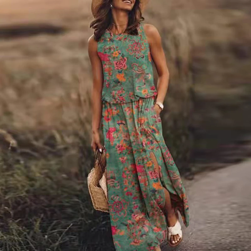 

Платье женское длинное с круглым вырезом, пляжный свободный сарафан без рукавов, с разрезом, в стиле бохо, пляжная юбка-майка, детские платья, на лето