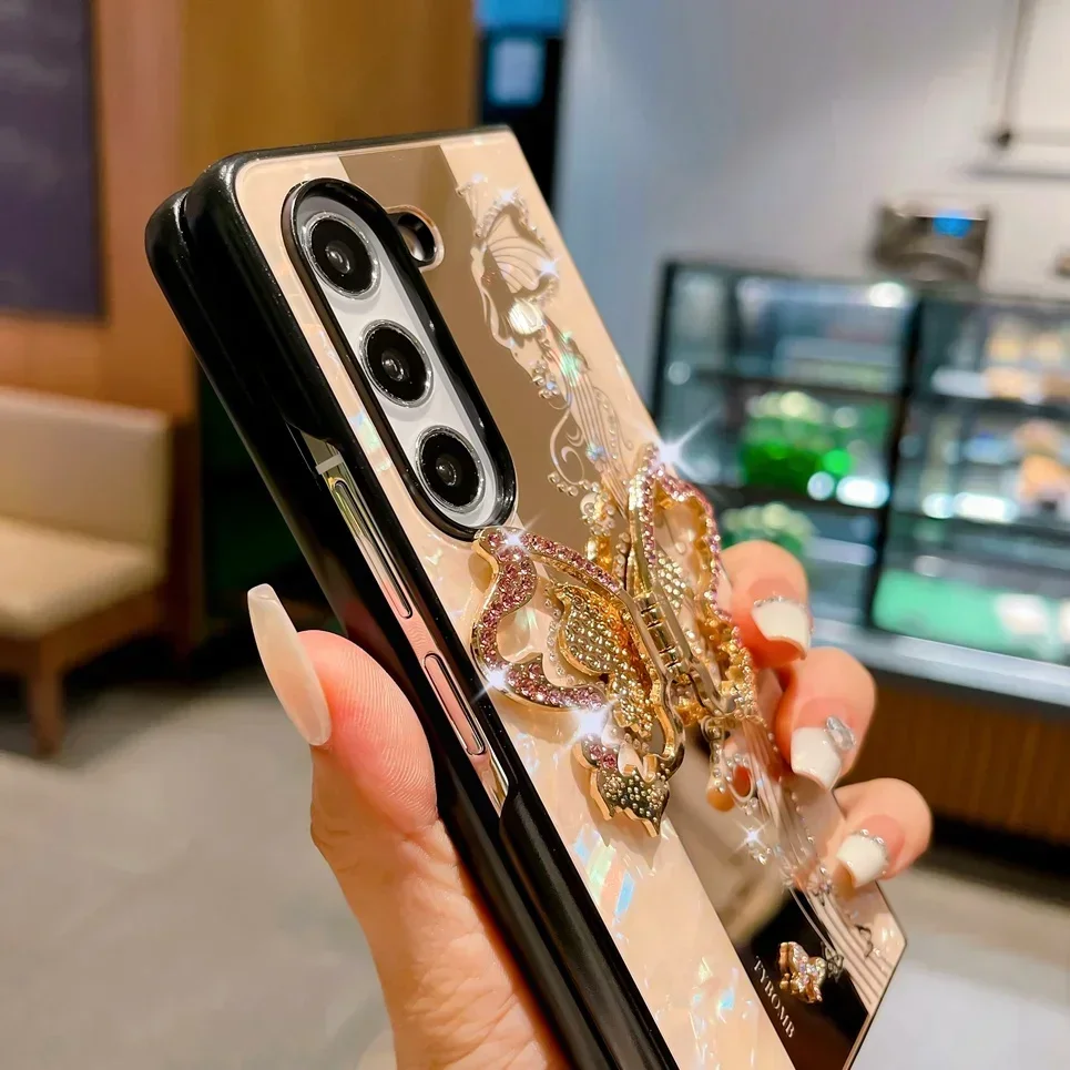 Lüks Kelebek Yüzük Stand Tutucu Telefon Kılıfı Samsung Galaxy Z Fold 6 5 4 3 Fold6 5G Darbeye Dayanıklı Arka Kapak Koruması_voghion.com