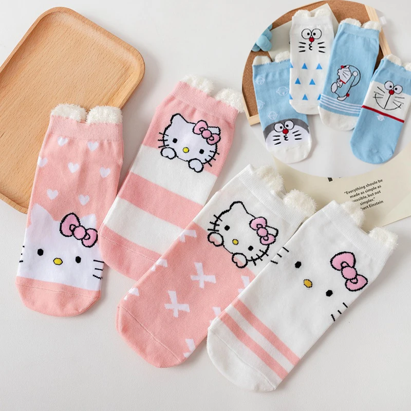 Sanrio Hello Kitty Socks Female Doraemon Harajuku Cartoon Women's Socks Cute Three-dimensional Ear Cotton Women's Pink Boat Sock