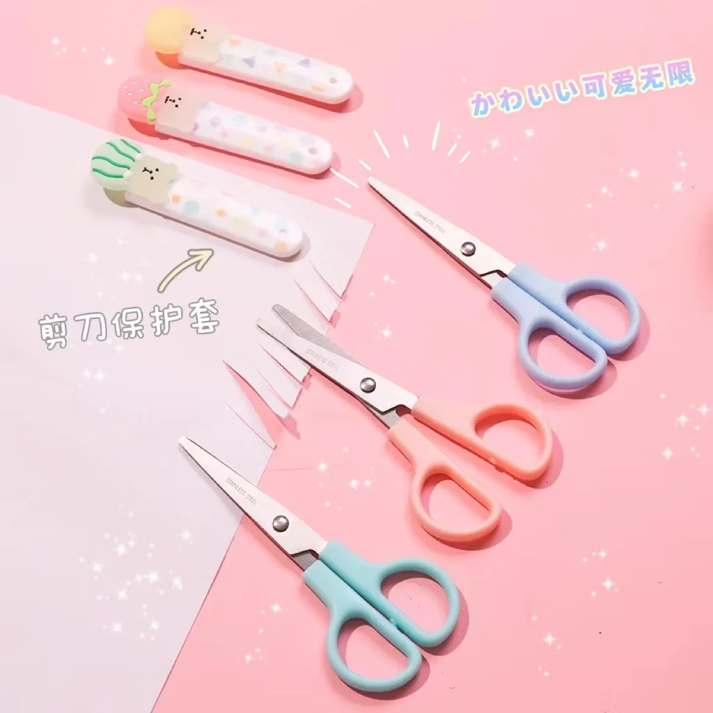 Stationery Scissors Soft Handle Scissors Portable Scissors Cutter Black Blade Scissors Cute Student Safety Paper-Cut Art with Protective Cover Cap School Supply Kids Stationery gift