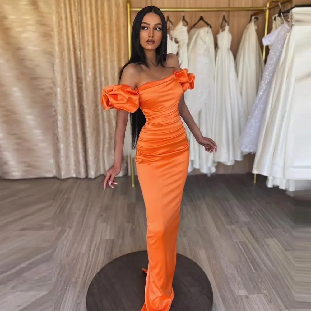 

Великолепные Оранжевые Атласные Платья-русалки для выпускного вечера с пышными рукавами без бретелек, плиссированное женское платье, платья 2023