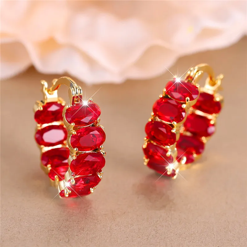Luxury Female Red Stone Clip Earrings Charm Yellow Gold Color Wedding Jewelry For Women